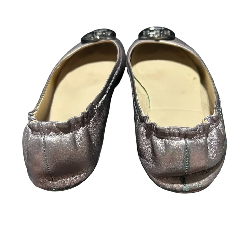 Tory Burch Gunmetal Minnie Travel Ballet Flats with Logo - Size 8
